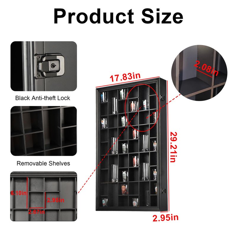 Sboitflmm 46 Shot Glass Display Case - Wall Mount Wooden Lockable with Removable Shelves, UV Protection Acrylic Shot Glass Door, Black