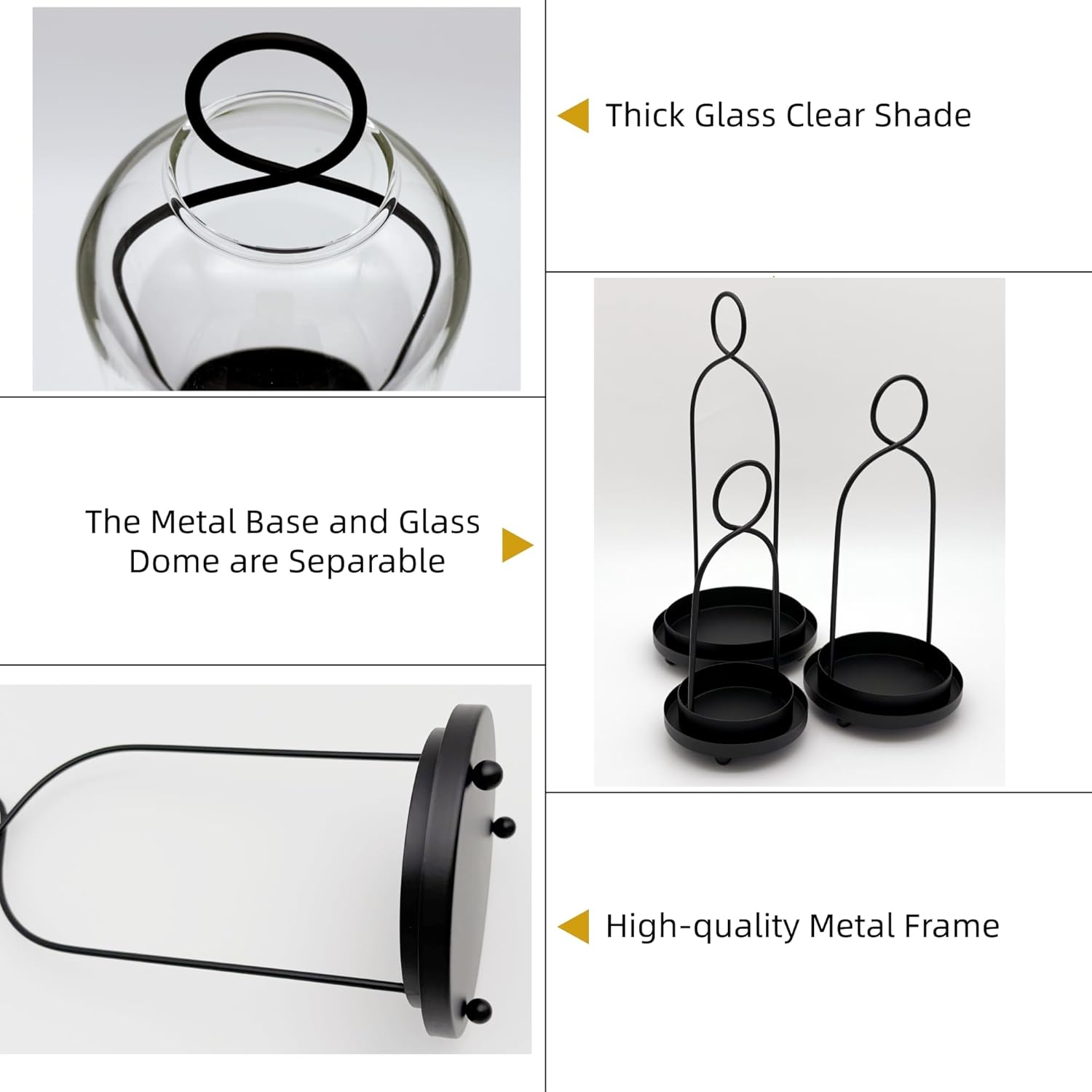 Skiennix Metal Candle Holders Set - 3 Pack with Glass Domes | Versatile Black Candlestick Holders (5.5", 4.7", 3.9")