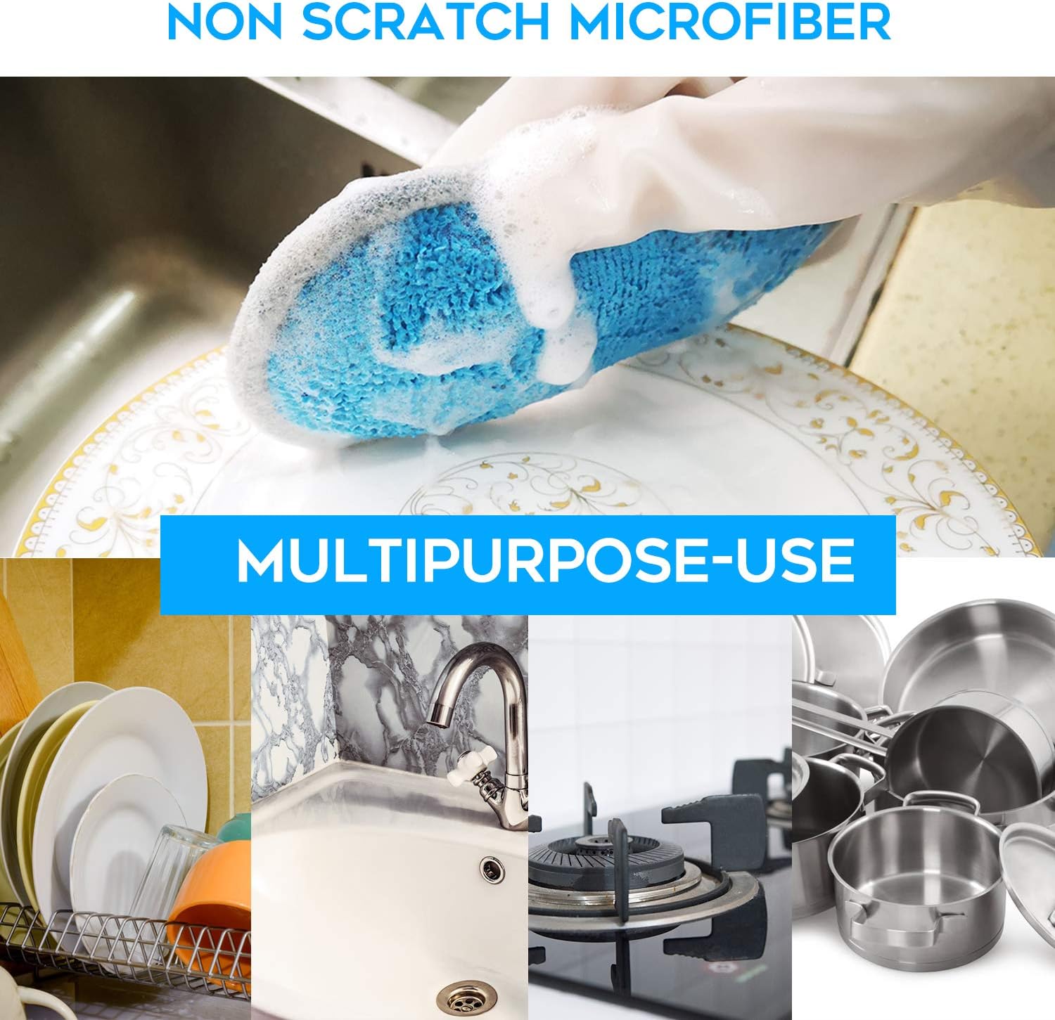 Skiennix Dual-Sided All-Purpose Kitchen Sponges - Non-Scratch Microfiber Dish Cleaning Set (Blue, 6 Pack)