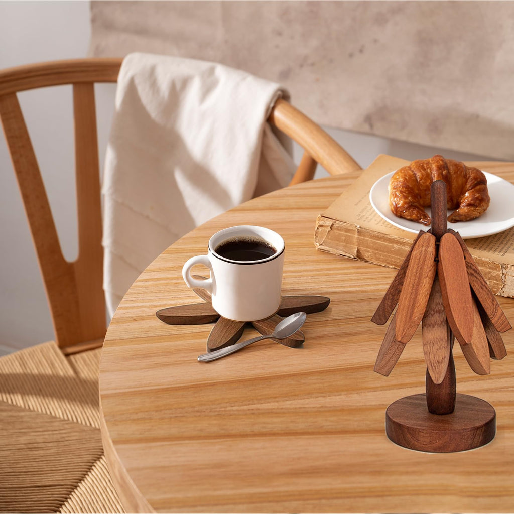 2025 𝗡𝗘𝗪 Premium Set of 4 Foldable Sapele Wood Tree Shape Trivets for Hot Pots & Pans