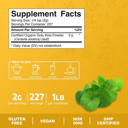 Jai Ho Certified USDA Organic Gotu Kola Powder – 1 LB – Gluten-Free, Vegan, Non-GMO – Resealable Zip Lock Pouch