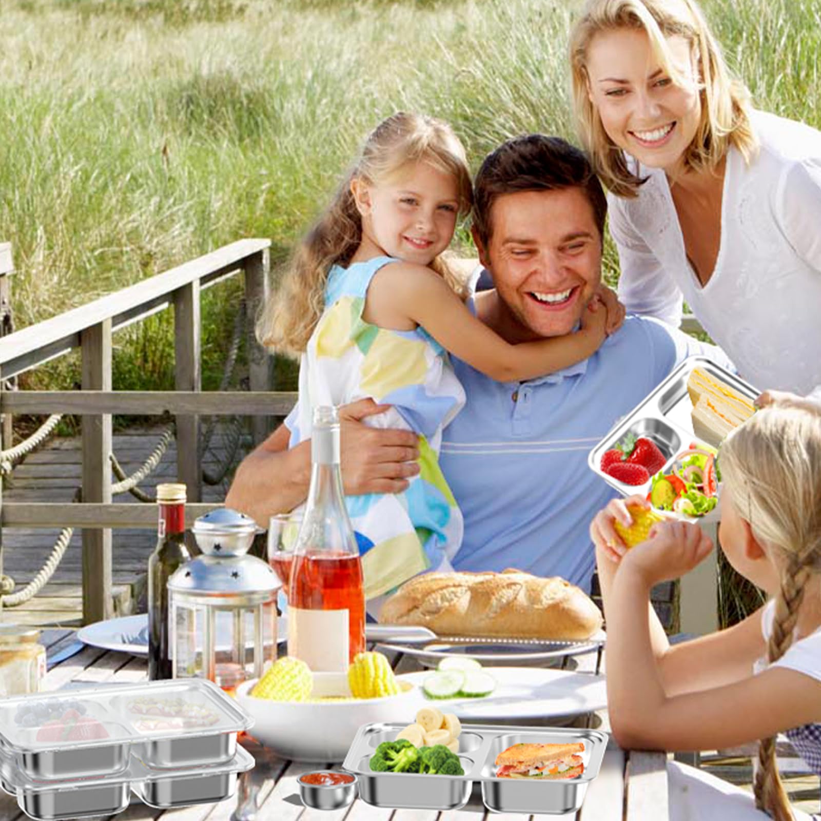 Bakpoco Stainless Steel Divided Plate for Kids Toddler, Non Toxic Portion Control Plate Dinner Plate with Lid for Adults Weight Loss, 4 Pack 3 Sections Rectangular Snack Plate Tray