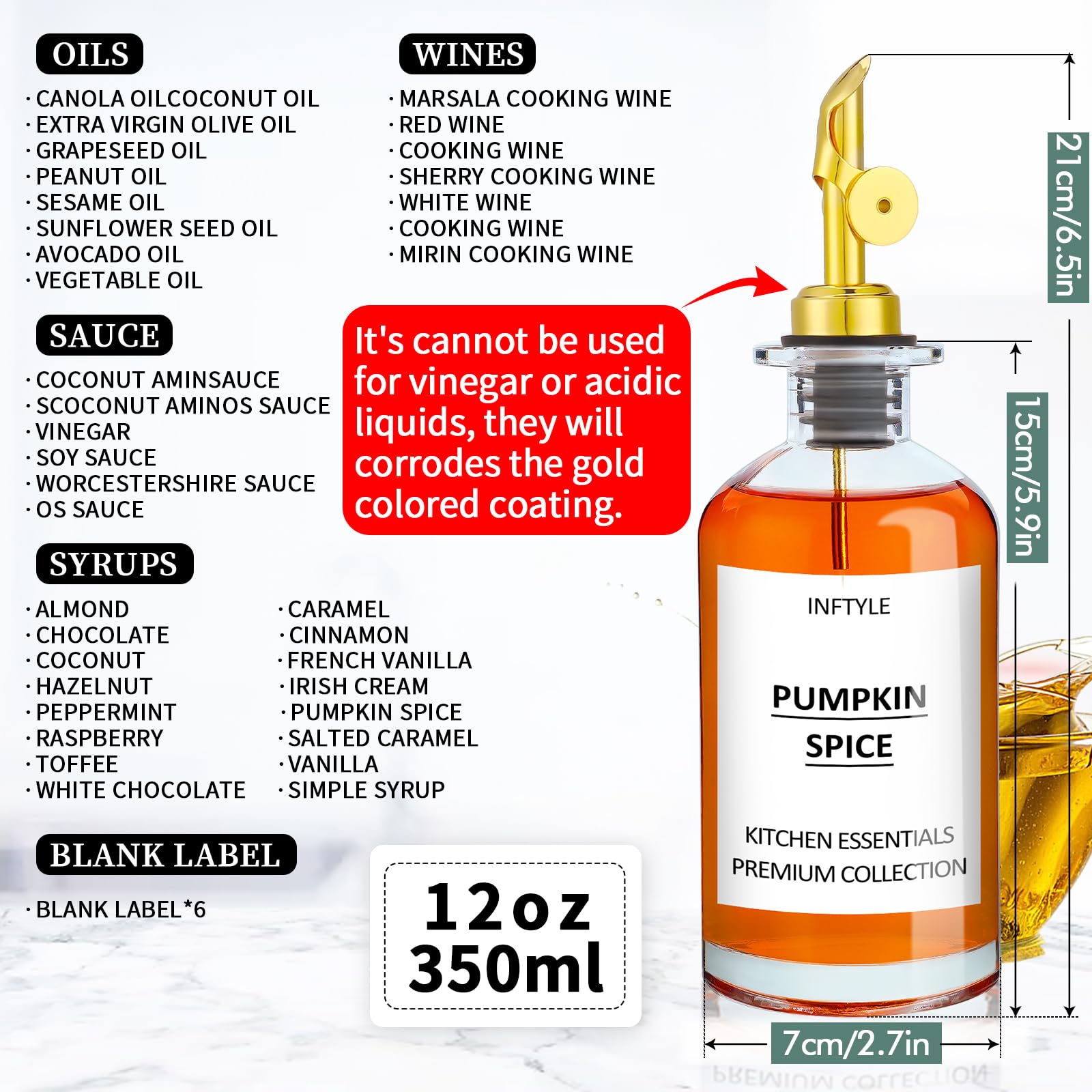 INFTYLE Olive Oil Dispenser Bottle Glass Coffee Syrup Bottles Set of 6 Cooking Oil bottles for kitchen, with Pourer Spout, Sealing Stopper, Labels, Funnel, Cleaning Brush (12 oz)