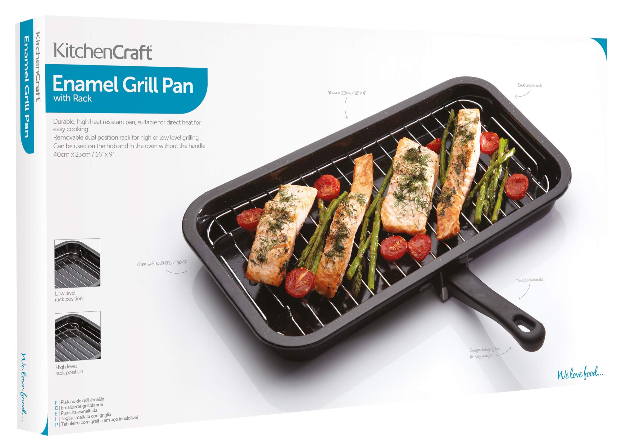 KitchenCraft Universal Enamel Grill Pan with Detachable Handle, 40 x 23 cm (15.5" x 9") - Black