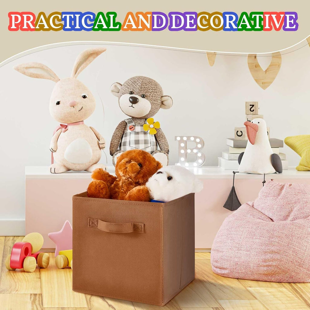Yinder 12 Pcs Cube Storage Bins - Foldable Brown Fabric Baskets for Kids' Playroom & Nursery Decor