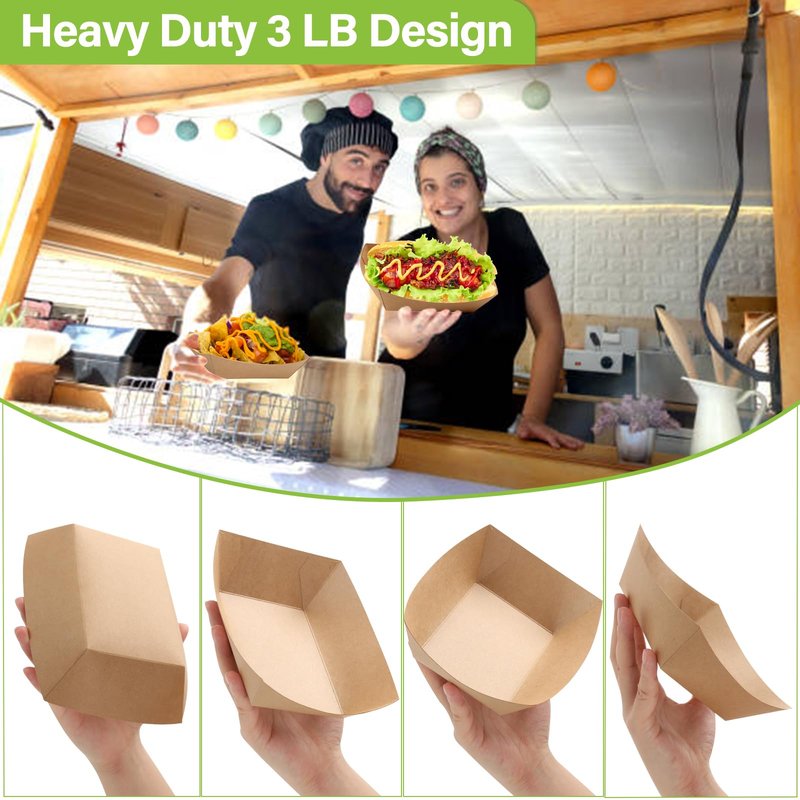250 Pack 3lb Heavy Duty Kraft Leak Proof Paper Food Boats Disposable Nacho Trays Extra Large Food Serving Holder for Chips, Hot Dogs, Popcorn, Snacks, BBQ, Party, Picnic, Wedding (250)