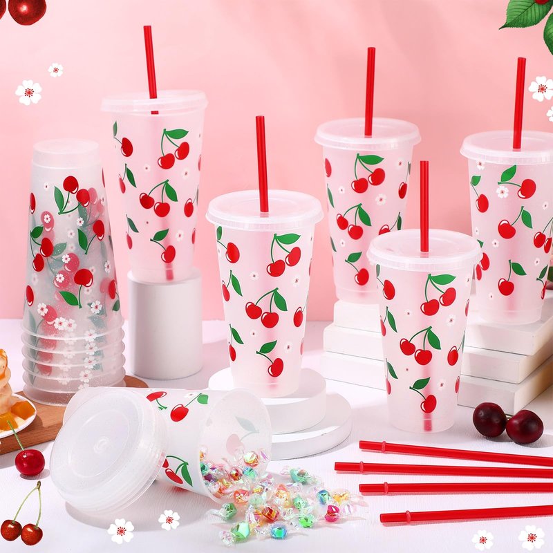 Potchen 12 Pcs Cherry Plastic Cups 24 oz Reusable Red Cherry Tumbler with Lids and Straws Reusable Drinking Juice Cups for Sweet One First Birthday Summer Fruit Birthday Daily Party Supplies