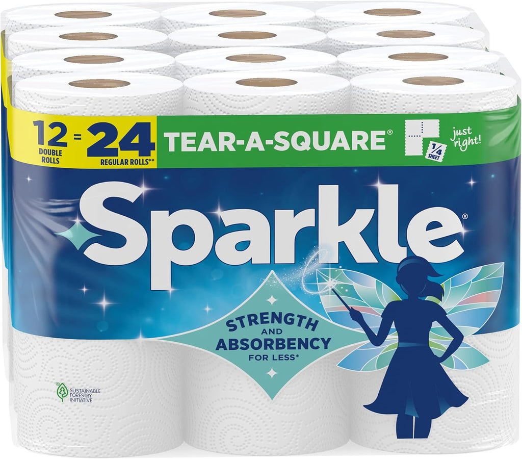 Sparkle Tear-A-Square Paper Towels - 12 Double Rolls of Strong 2-Ply for Kitchen Cleanup