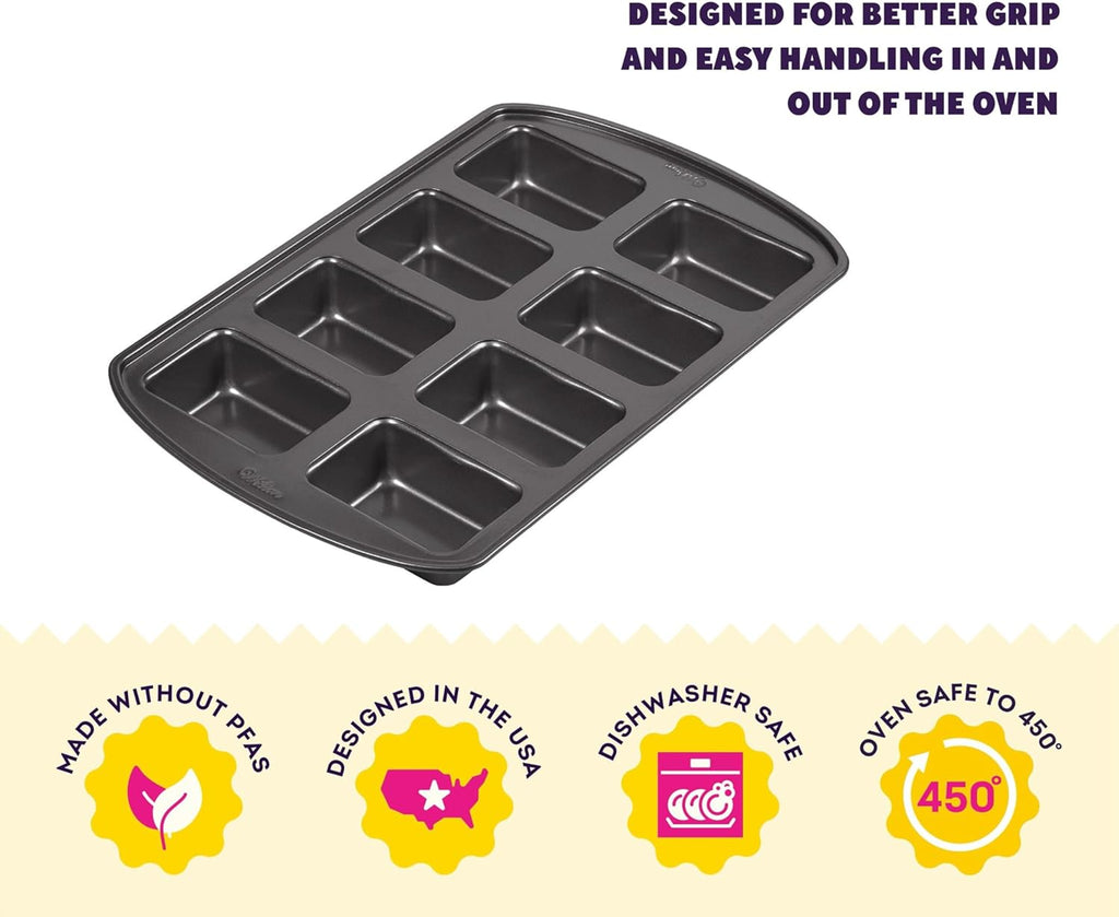 Wilton Gold Non-Stick Mini Loaf Bakeware Pan - Perfect for Banana Breads & Cakes - 15 x 10 x 1.6 Inch, 8 Cavity - PFAS-Free