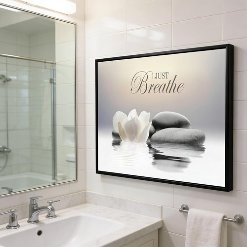 MKCIPJWC Zen Stone Wall Art - Just Breathe Yoga Quotes Canvas Print | Black Framed 12x16 Inch
