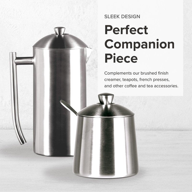 Frieling USA 18/10 Brushed Stainless Steel Sugar Bowl with Lid & Spoon - 10 oz Sugar Container & Dispenser with Pour Spout - Countertop Jar with Spoon Holder for Cubes, Packets & Condiments