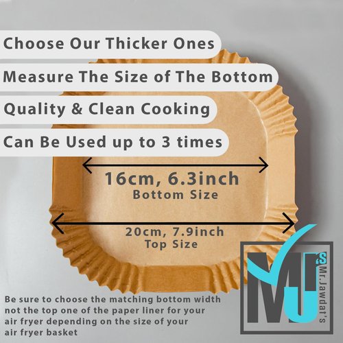 Mr. Jawdat's Extra Strong Air Fryer Disposable Paper Liners - Non-Stick, 100 Pcs, 6.3" Square Size