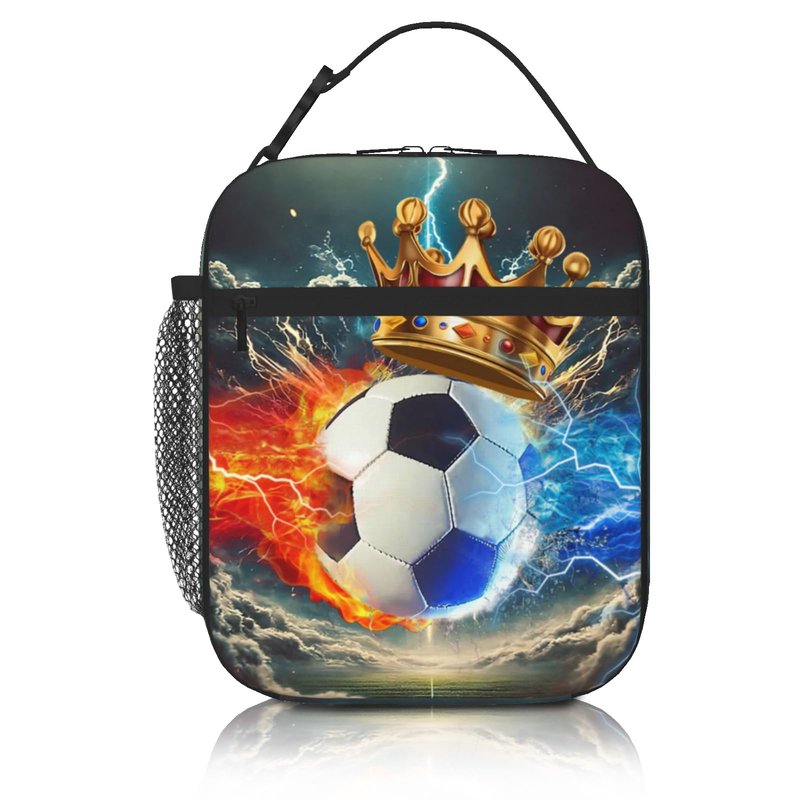 Quelindra Soccer Lunch Box，Water And Fire Crown Football Ball Lunch Bag，Sports-Themed Lunch Bag For Kids Teens Boys Girls, Insulated Cooler Waterproof Reusable Lunch Bags,Tote Bag With Double Zippers