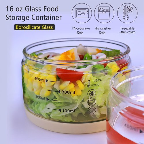 Matifaner 16 oz Glass Container with Silicone Lid,Glass Food Storage Container-Clear,Meal Prep Containers, Freeze Bowls, Microwave Safe (2pcs)