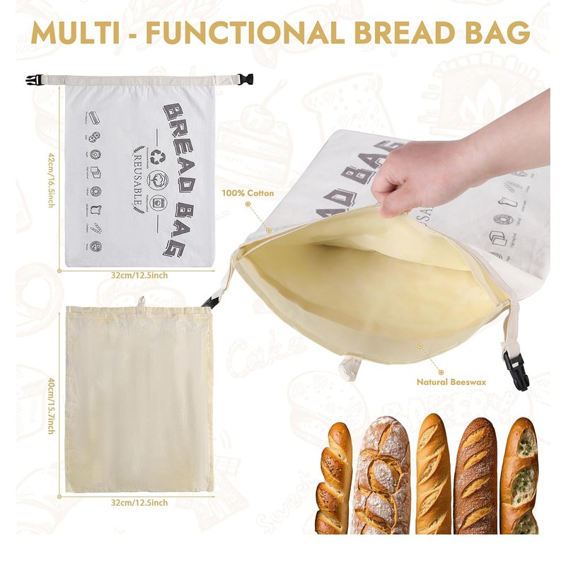 FHDLUIAN 2 Pack Beeswax Bread Bags for Sourdough,Reusable Bread Bag for Homemade Sourdough,Food Grade Cotton Beeswax Bags,Large Capacity and Portable,Washable,Refrigerable,Gifts for Bakers and Picnic