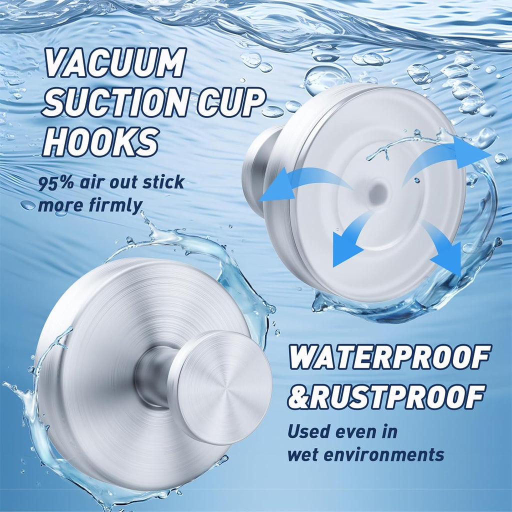 Skiennix Suction Cup Hooks - Removable Bathroom Shower Wall Holders | Silver (2 Pack) for Towels & Wreaths