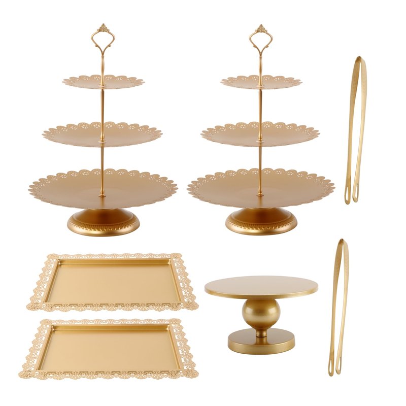 GMWD Set of 7 Gold Cake Stand Desserts Display Table Pedestals 3-Tiered Cupcakes Holder Serving Tray Decorative Weddings Birthdays Party Baby Showers Celebrations
