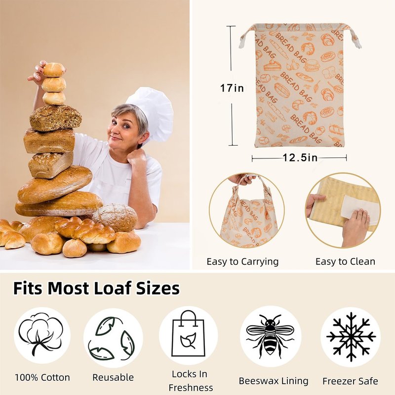 GDDAY Beeswax Bread Bags for Sourdough - Extra Large 17"×12.5", 2 Pack Reusable Organic Cotton Linen Bread Storage Bag, Keeps Bread Fresh Naturally, Eco-Friendly Homemade Bread Bag