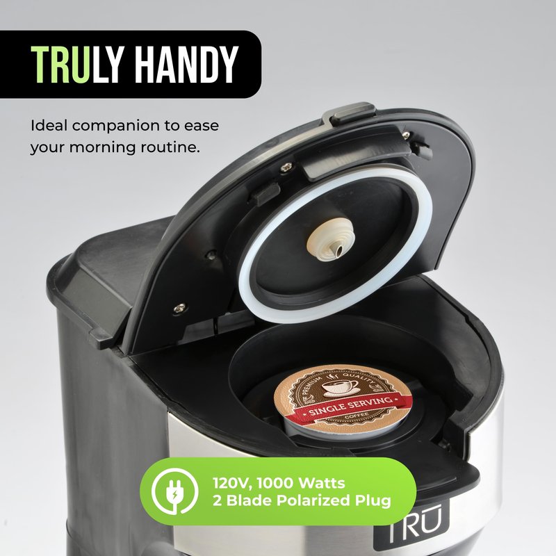 Tru Single Serve Dual Brew Coffee Maker - Premium Brewer for Coffee Capsules or Grounds - Features Self-Cleaning Function & Removable Drip Tray - Great Holiday or Birthday Gift