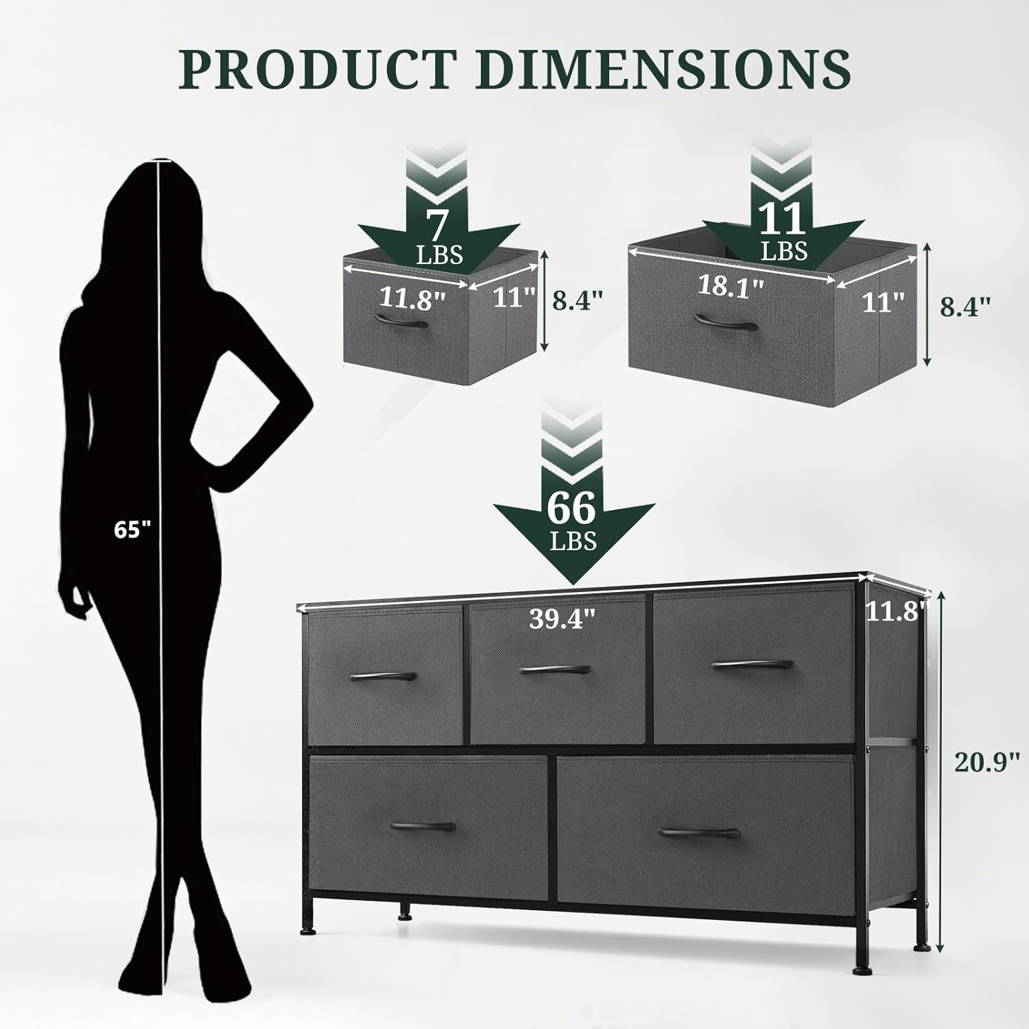 Regine Switzerland 5-Drawer Dresser - Anti-Tip Fabric Storage Organizer with Wooden Top | Gray