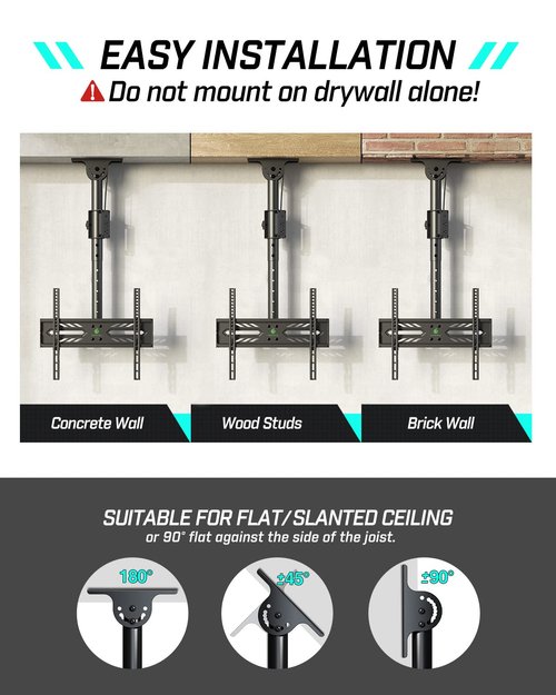 Greenstell Ceiling TV Mount with Power Outlet, TV Mount for 26-65 inch TVs, Ceiling Mount with 900J Surge Protection, Swivel, Tilt and 6 Height Adjustable, Max VESA 400x400mm, Holds up to 110Lbs