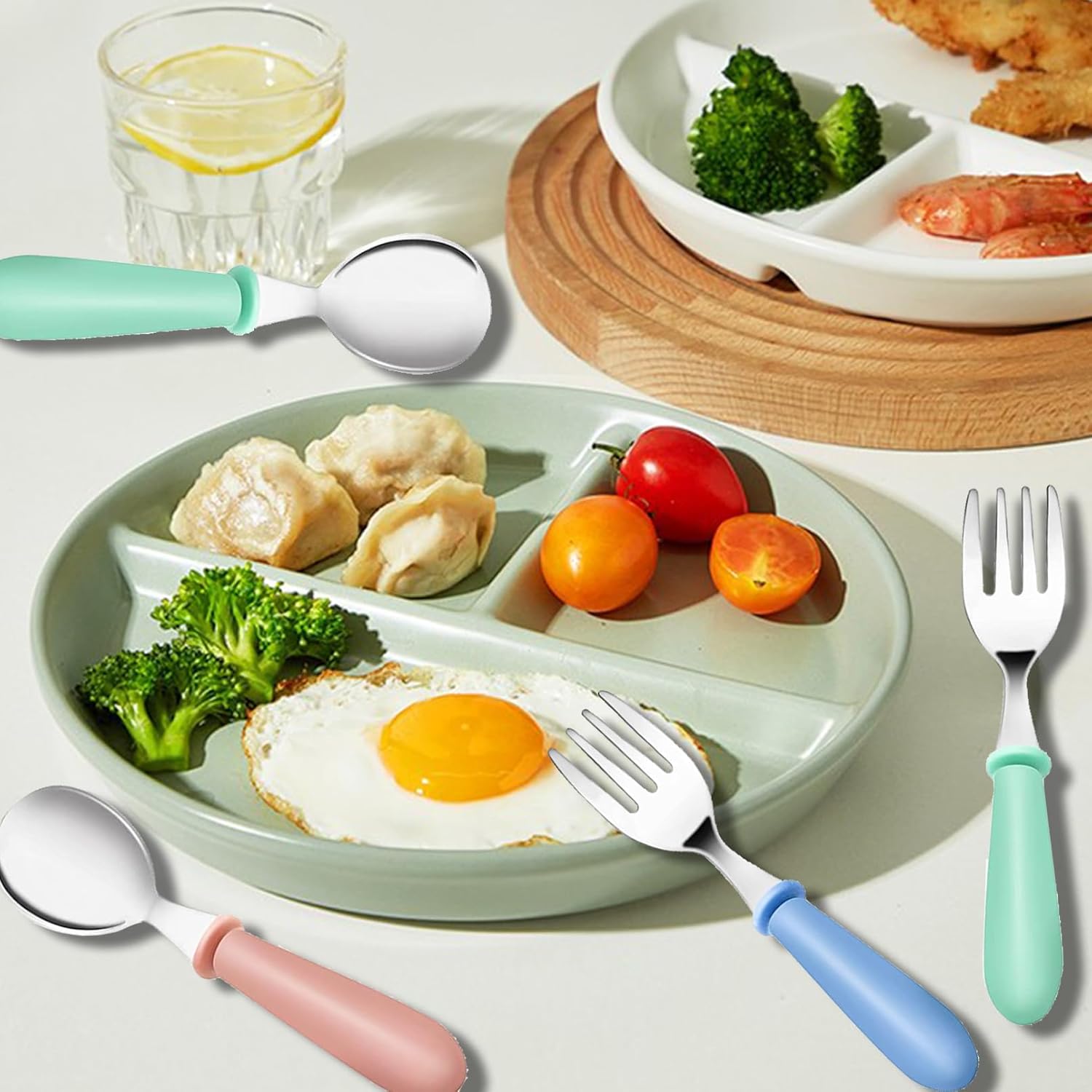 Skiennix Toddler Utensils Set - 12-Piece Stainless Steel Forks & Spoons | Dishwasher Safe, Round Handle