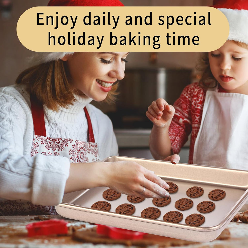 Small Cookie Sheet Pan - Nonstick Baking Tray 2-Pack | 9x11 Inch Heavy Duty Carbon Steel, Gold - Oven Safe & Easy Clean