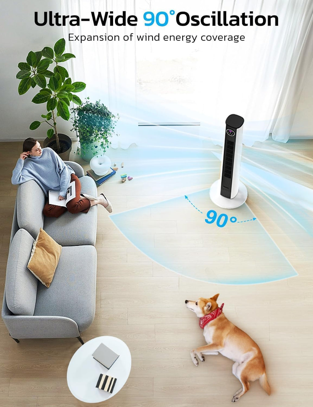 ZAFRO Tower Fan - 90° Oscillating Standing Fan with 4 Modes, 3 Speeds, 12H Timer | 36 Inches, Black & White