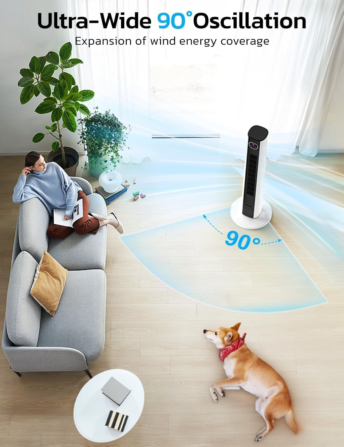 ZAFRO Tower Fan - 90° Oscillating Standing Fan with 4 Modes, 3 Speeds, 12H Timer | 36 Inches, Black & White