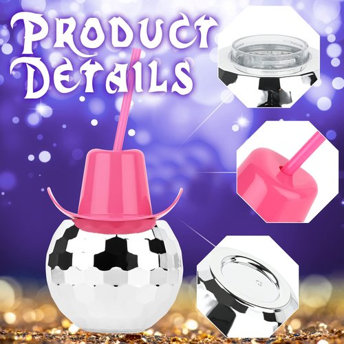 MAKCNMYM 9 PCS Disco Ball Cups Pink Cowgirl Hat Mirror Party Cup with Straws Silver 70s Cocktail Cup Sparkling Tumbler Wine Glass for 1970s Bar Dance Cowboy Bachelorette Party Decorations Supplies