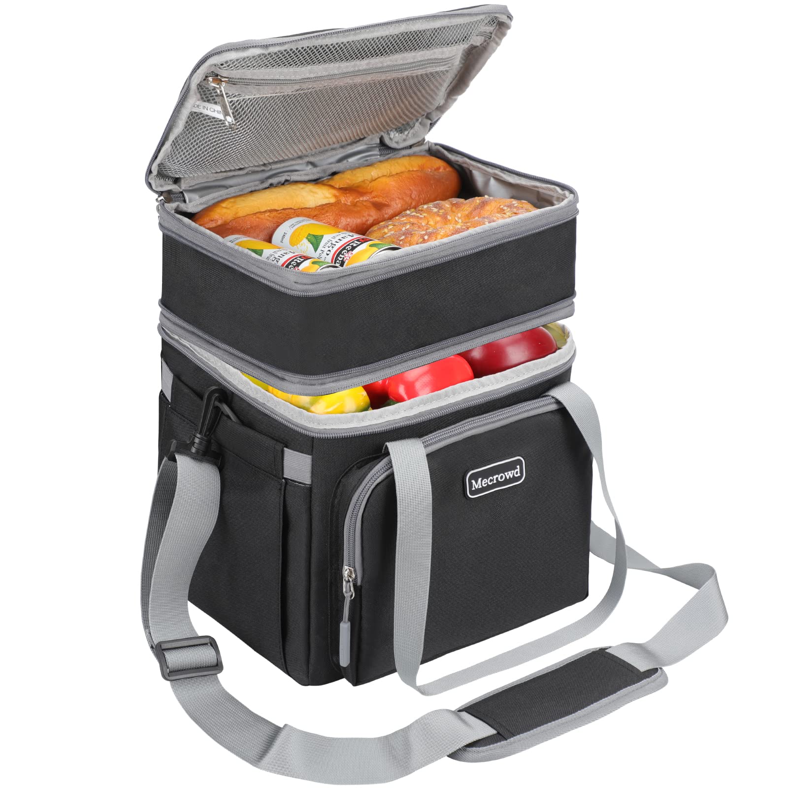 Mecrowd Lunch Bag for Women Men Cooler Bag Double Deck Lunch Box, Leakproof Insulated Soft Large Lunch Cooler Bag with Adjustable Shoulder Strap for Beach Travel Picnic (Black)