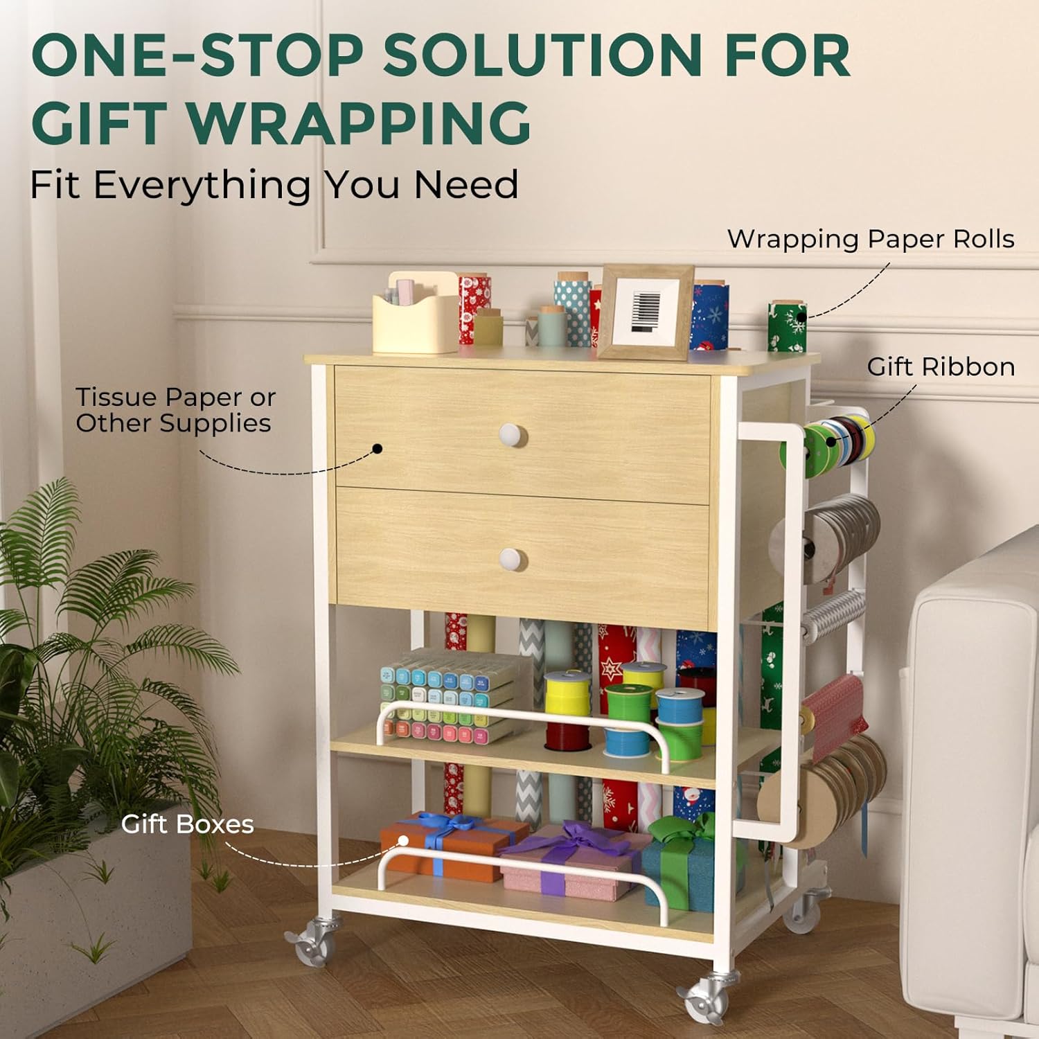 Skiennix Wrapping Paper Organizer - Craft Cart with Ribbon & Gift Bag Storage | Oak Finish, 2 Drawers