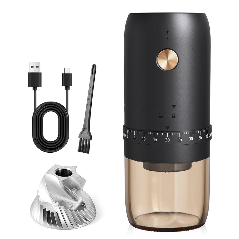 Portable Electric Coffee Grinder, Upgraded External Adjustable 40 Levels Fine to Coarse Settings, Stainless Steel Conical Burr Rechargeable and Faster Grinding for Office,Home,Camping,Travel,Black