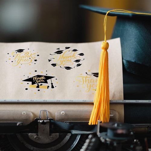 FYSUIMU Graduation Stickers Roll - 1000Pcs Gold Foil Thank You Labels | Self-Adhesive Grad Cap Designs