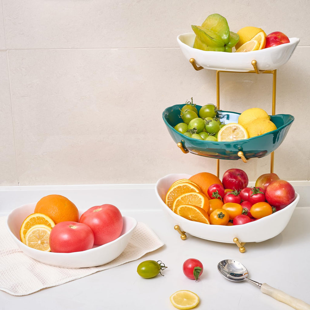 Lifevc Fruit Bowl for Kitchen Counter,3 Tier Fruit Holder with Gold Metal Stand, Tiered Fruit Basket for Fruit Vegetable Storage, Snack, Nuts, Cake, Dessert (White)