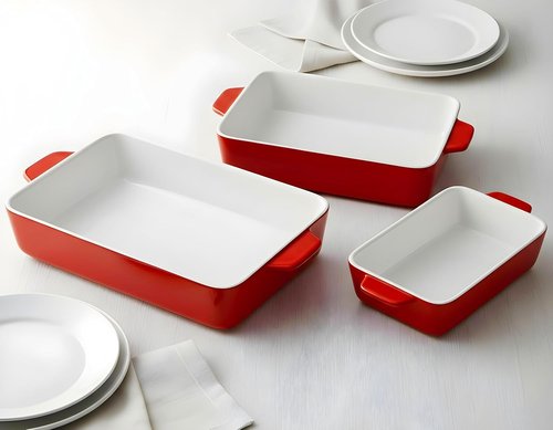 Kook Ceramic Bakeware Set - Rectangular Baking Dishes for Casseroles & Lasagna | Microwave & Dishwasher Safe, Set of 3 in Cherry