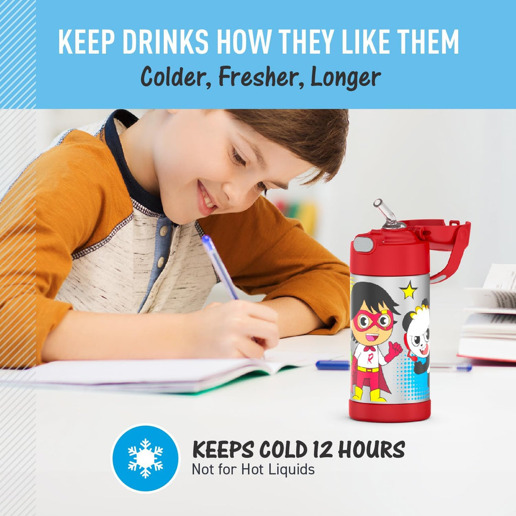 THERMOS FUNTAINER 12 Ounce Stainless Steel Kids Straw Bottle - Vacuum Insulated | Ryan's World Design