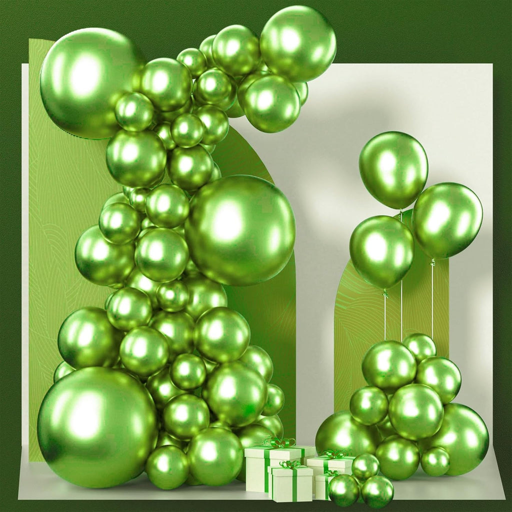 PartyWoo Metallic Green Balloons - 100pcs in 5-18 Inch Sizes for Graduation & Wedding Decor