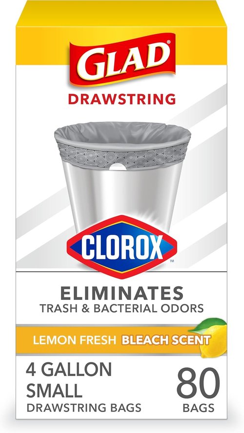 Glad Small Drawstring Trash Bags - Lemon Fresh Bleach Scent, 4 Gal, 80 Count