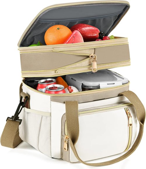 LOKASS Lunch Box for Women-Double Deck Insulated Adults Lunch Bag with Removable Shoulder Strap- Cute Wide Open Lunch Tote for Work/Office/Picnic/Beach/Travel (Brown)