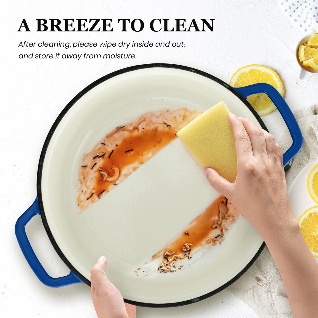 Overmont Enameled Cast Iron Dutch Oven - 5QT Pot with Lid Cookbook & Cotton Potholders - Heavy-Duty Cookware for Braising, Stews, Roasting, Bread Baking blue
