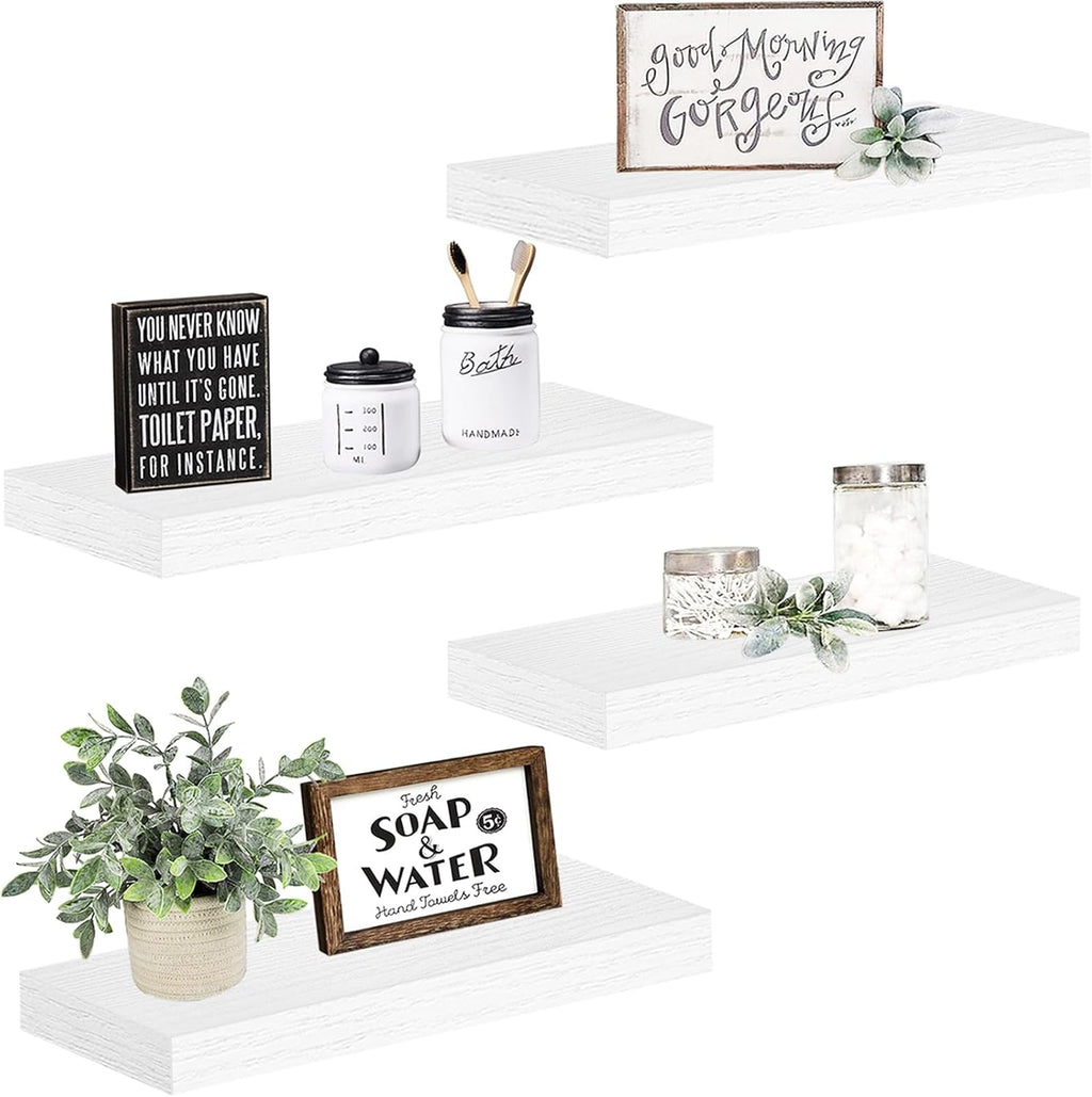 QEEIG Floating Shelves - Stylish Wall Storage for Bathroom, Bedroom & Kitchen | Set of 4, 16 Inch, White