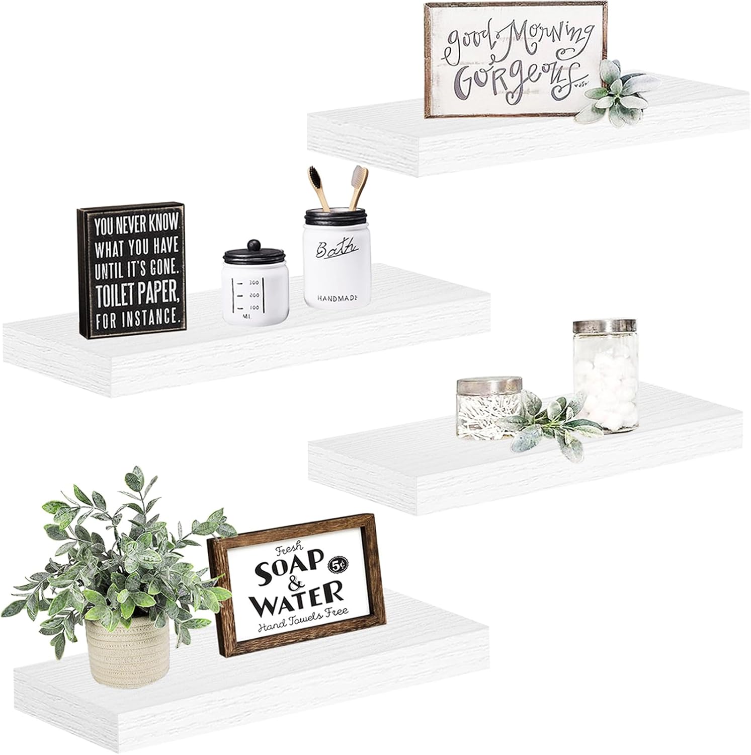 QEEIG Floating Shelves - Stylish Wall Storage for Bathroom, Bedroom & Kitchen | Set of 4, 16 Inch, White