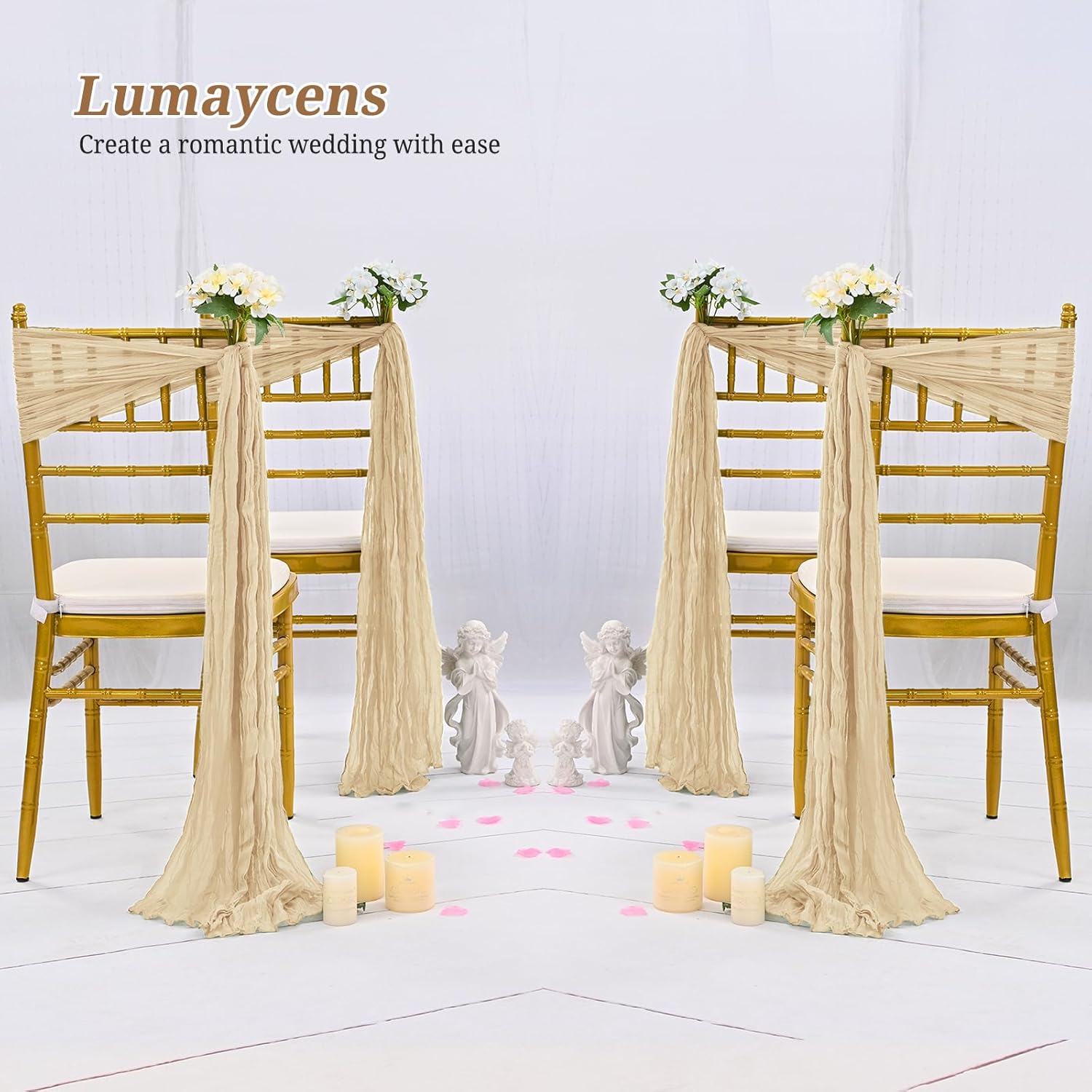 Skiennix 50 PCS Cheesecloth Chair Sashes - Elegant Wedding Aisle Decorations in Beige