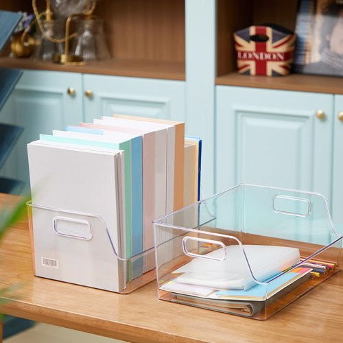 Menkxi 4 Pcs Clear Large Storage Book Display Case 13 x 8.5 x 5.9 Inch Book Organizer Stackable Bookcase Display Storage Containers with Handle Office Bookshelf Organizer Rack for CDs Magazine
