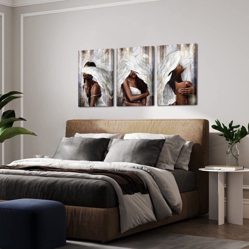 sechars Angel Wall Art Canvas Black Woman with Angel Wings Painting Prints Modern African American Abstract Girl Pictures Artwork for Home Living Room Bedroom Decor (Medium)