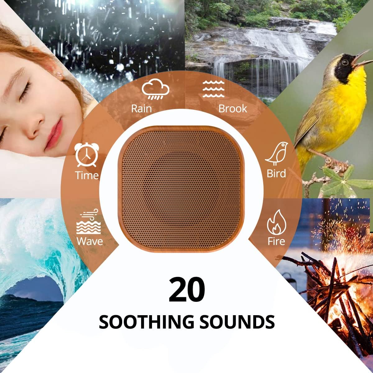 Skiennix White Noise Machine - 20 Soothing Sounds with Sleep Timer | Natural Wood Grain Finish