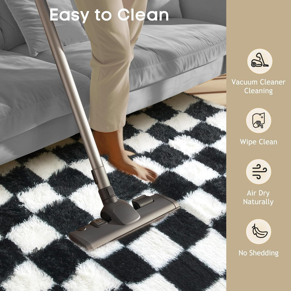 Ophanie Checkered Black & White Area Rug - Fluffy Soft Shaggy Carpet for Living Room & Bedroom | 6x9 Furry Design