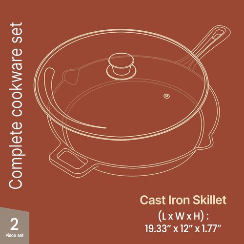 Bakken Pre-Seasoned Cast Iron Skillet - 12" Versatile Frying Pan with Glass Lid & Silicone Handle