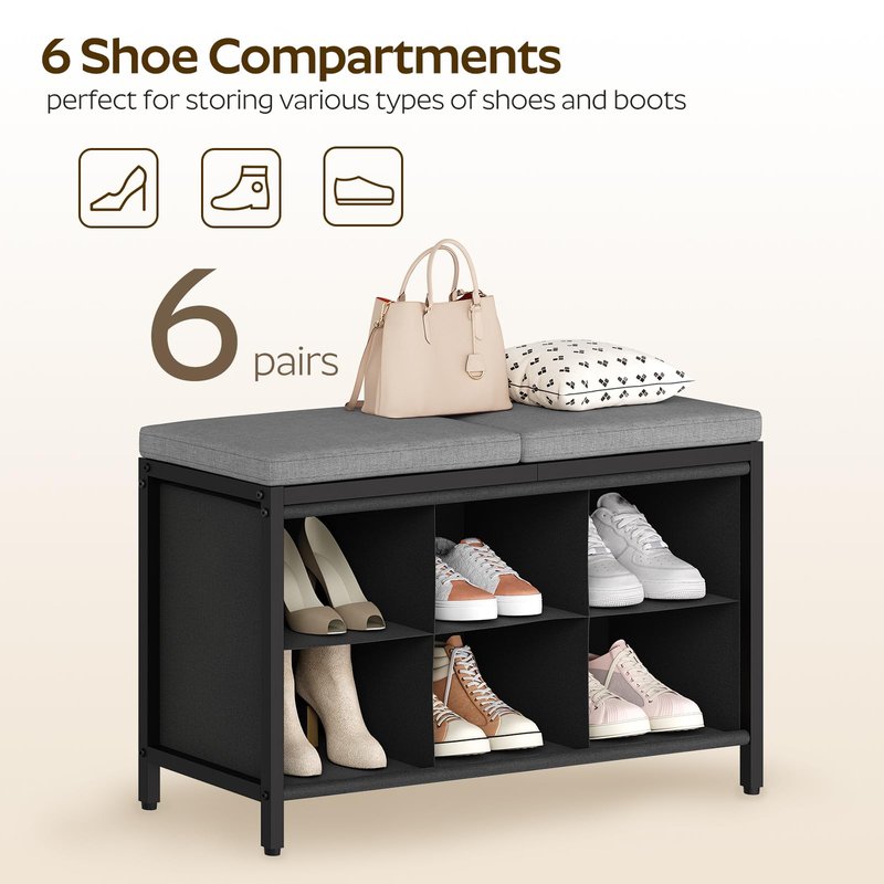 YATINEY Shoe Storage Bench with Cushion, Entryway Bench, Shoe Rack with Padded Seat and 6 Oxford Compartments, for Closet, Bedroom, Entryway, Black and Gray HX01BK